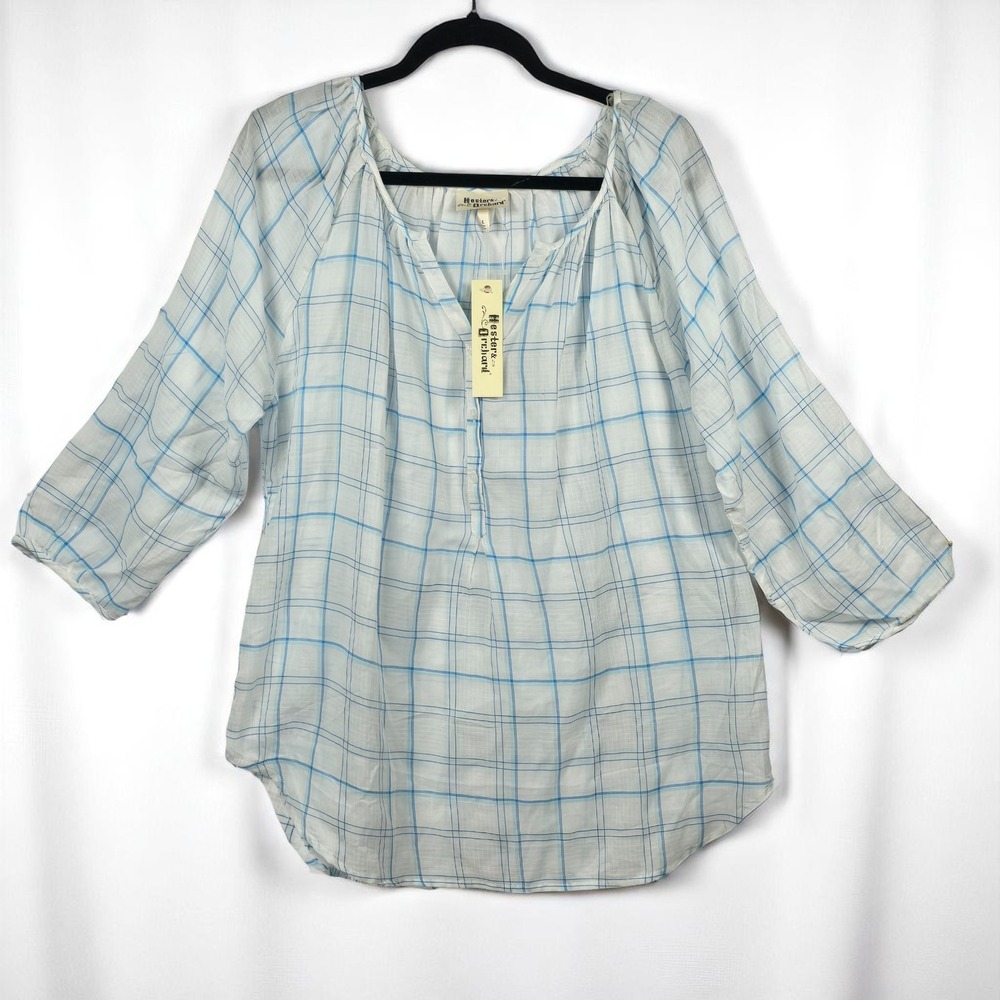 Hester & Orchard Plaid Blouse 3/4 Sleeve Casual‎ Top Woman Large white Blue NWT